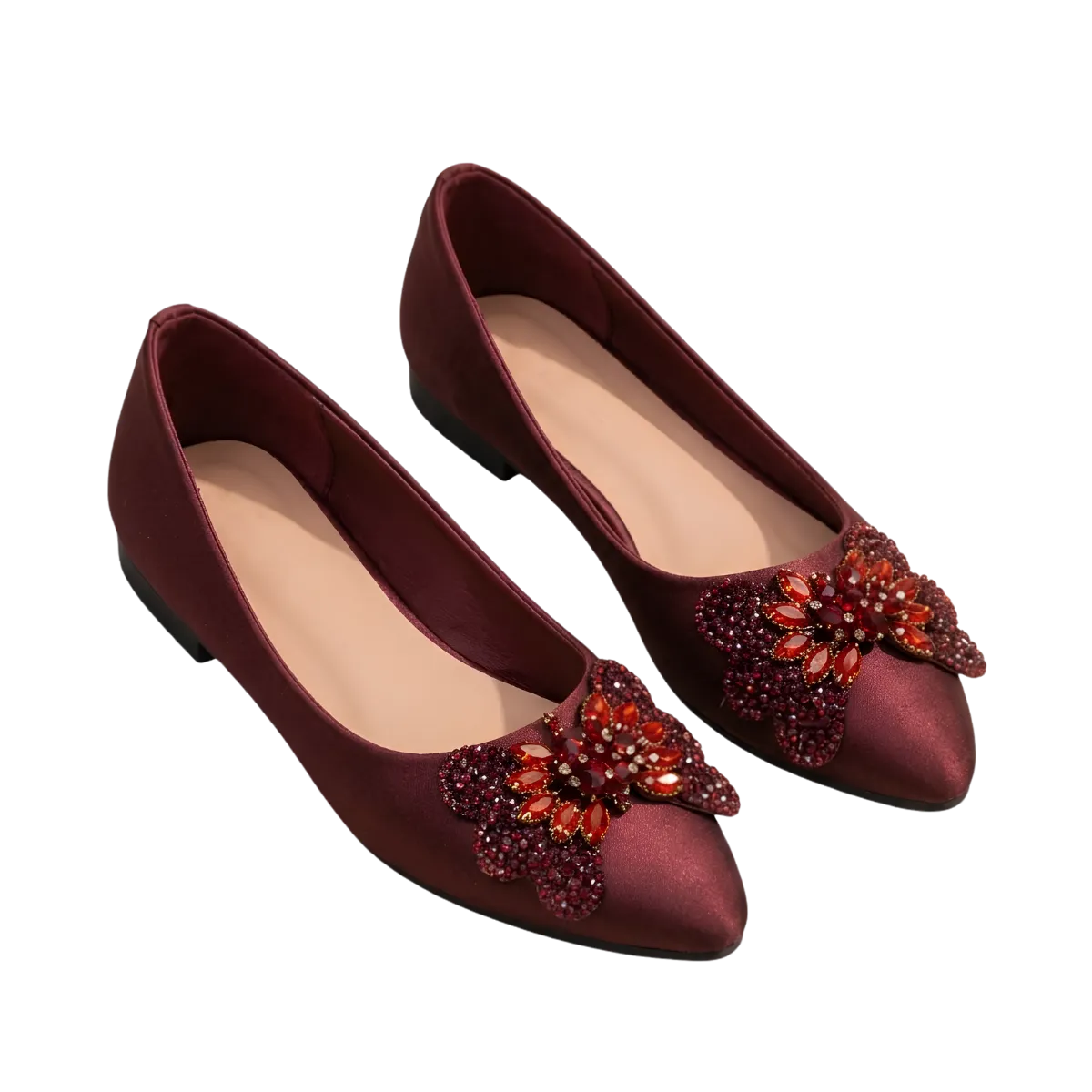Embellished Pointed Toe Flat Shoes with Crystal Detail