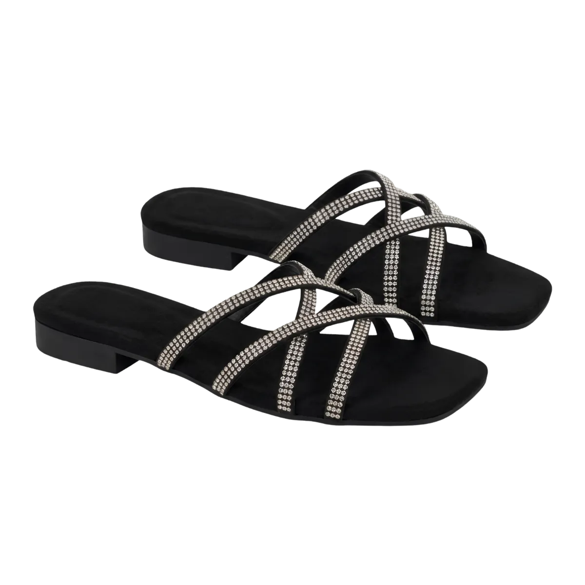 Womens Rhinestone Strappy Flat Slide Sandals