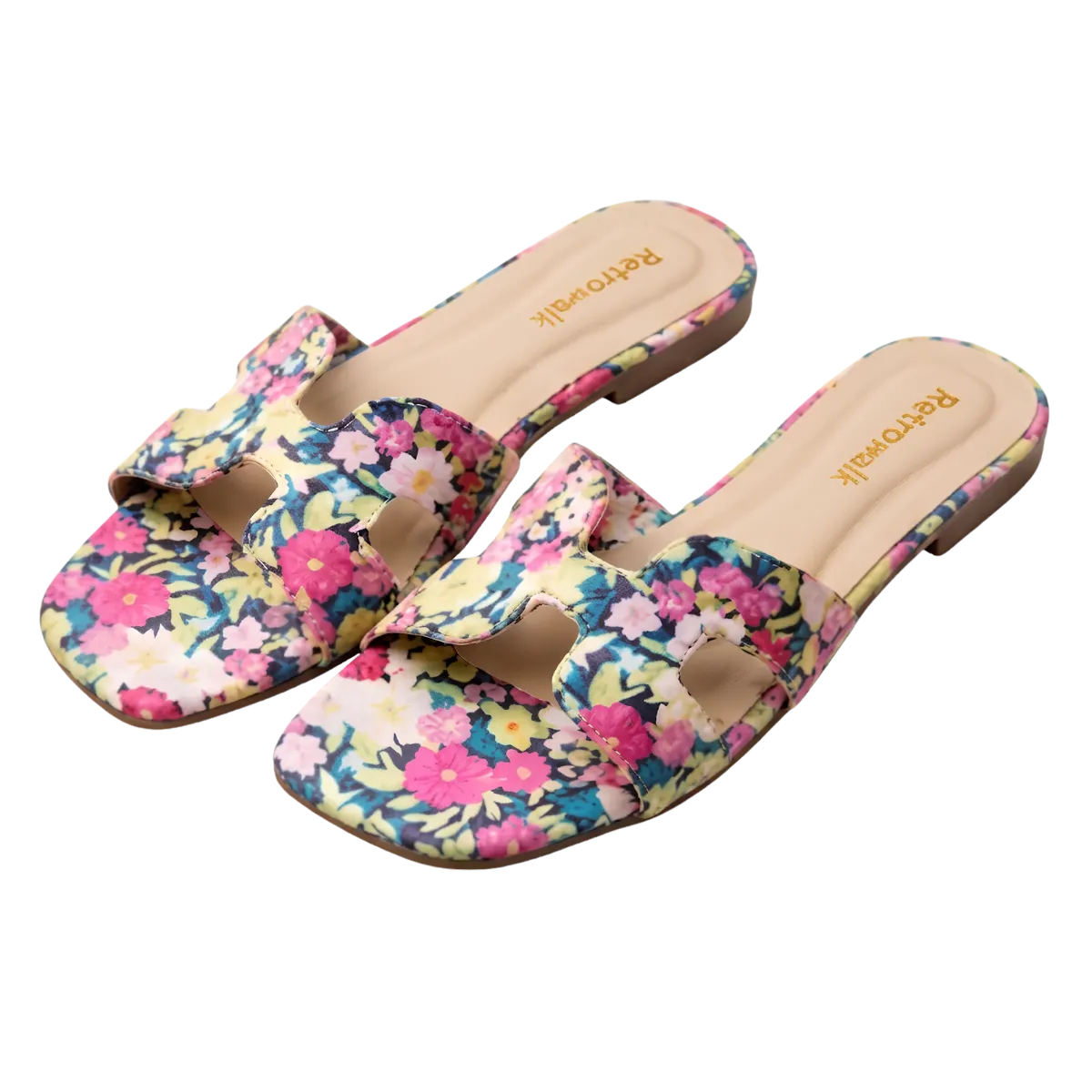 Women Floral Print Flat Slip On Sandals Open Toe Cutout Slide Slippers