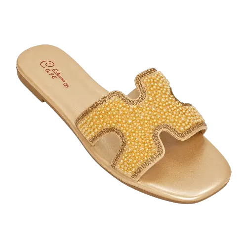 Women's Gold Pearl Embellished Flat Slide Sandals Open Toe Slippers